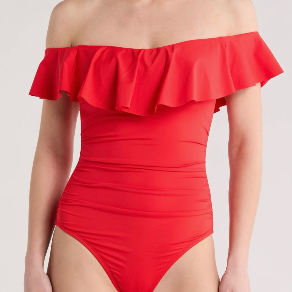 Off-Shoulder Red ruffle one piece Swimsuit, size L vacation summer resort boho